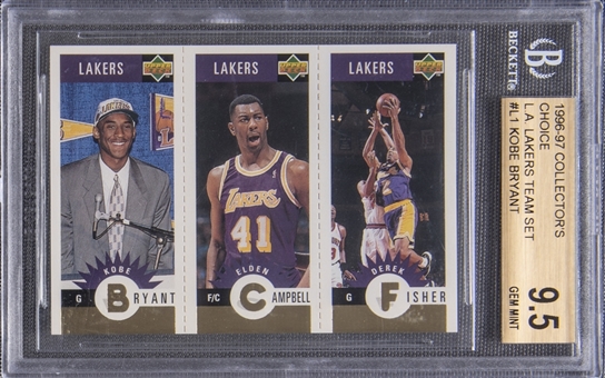 1996-97 Upper Deck Collectors Choice #L1 Kobe Bryant Elden Campbell Derek Fisher LA Lakers Team Set (Bryant, Fisher Rookie Card) - BGS GEM MINT 9.5